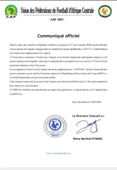 Tournoi Uniffac U17 : Le match RDC–Guinée équatoriale suspendu après l’invalidation de six joueurs