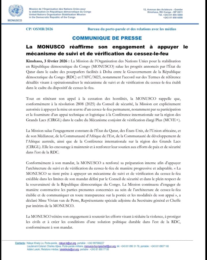 RDC-M23 : La MONUSCO salue les avancées annoncées dans le cadre du processus de Doha