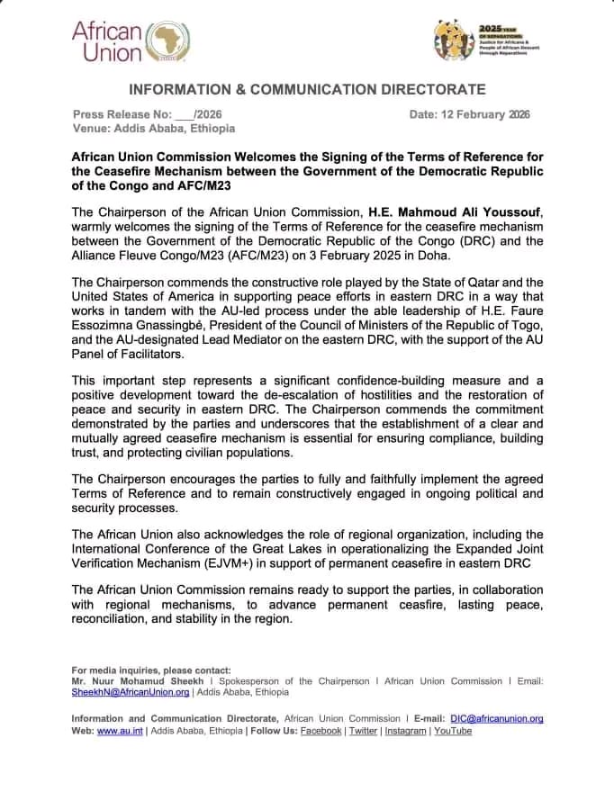 RDC-M23: l’Union africaine salue la signature des termes de référence du mécanisme de cessez-le-feu