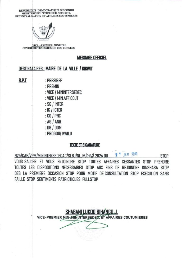 RDC : Le maire de Kikwit appelé à Kinshasa pour une consultation prioritaire