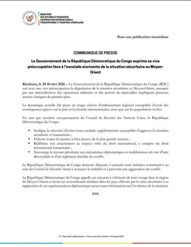 Escalade sécuritaire au Moyen-Orient : Kinshasa plaide pour le dialogue et la protection des civils