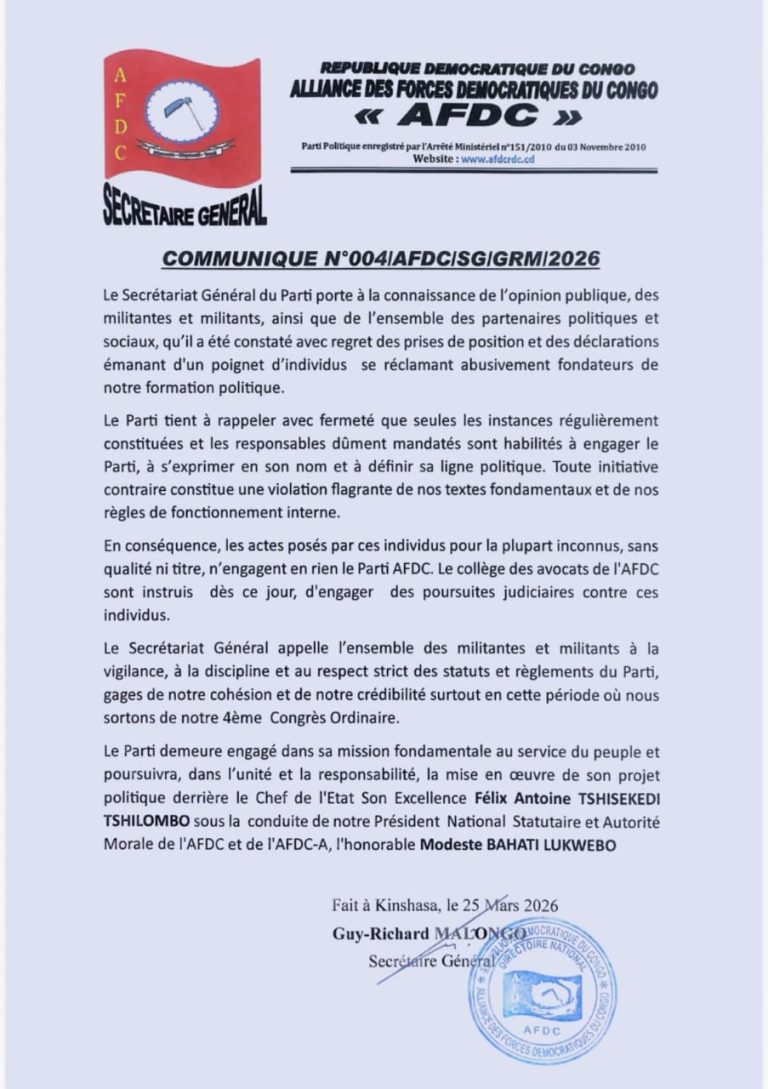 AFDC : Le parti dénonce une tentative de destitution de Modeste Bahati et annonce des poursuites judiciaires