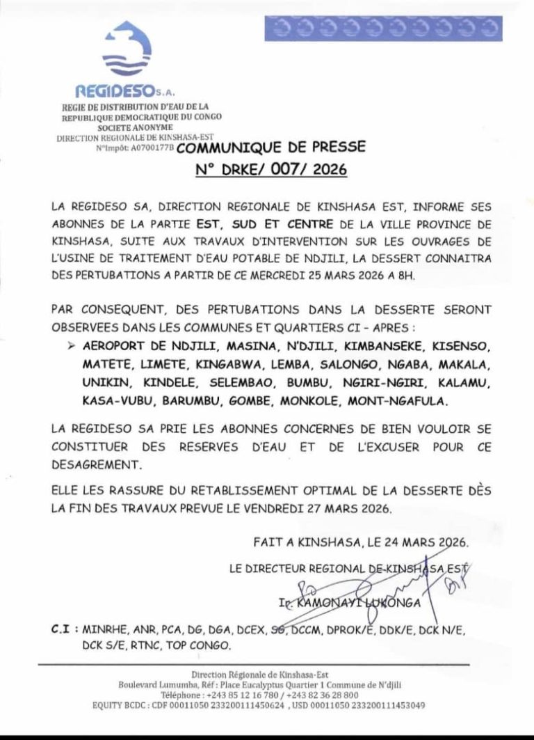 Kinshasa : Regideso annonce des coupures d’eau dans 17 communes pour interventions à N’djili