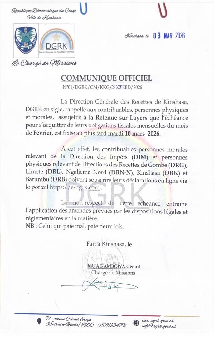 Kinshasa : la DGRK fixe au 10 mars et au 31 mars 2026 les échéances fiscales du mois de février