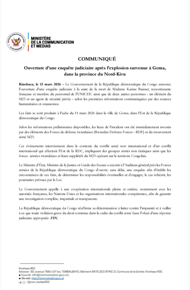 Explosion meurtrière à Goma : Kinshasa ouvre une enquête après la mort d’une humanitaire de l’UNICEF