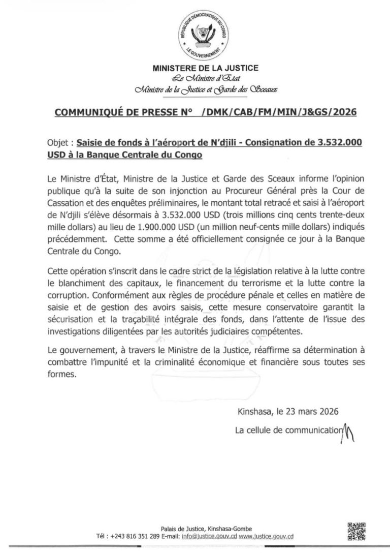 Kinshasa : le montant des fonds saisis à l’aéroport international de N’djili passe à 3 532 000 USD