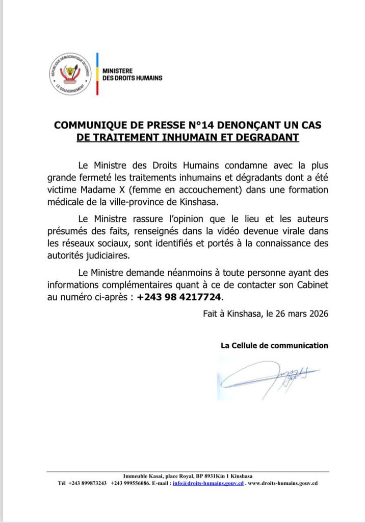 Vidéo virale de violences sur une femme en accouchement à Kinshasa : Le ministère des droits humains annonce des poursuites