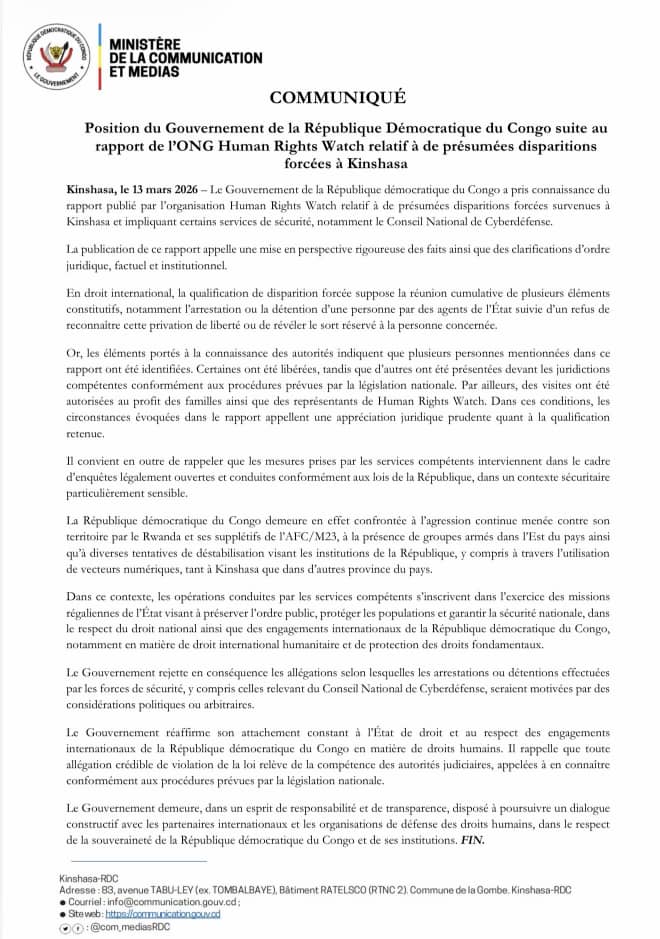 Disparitions présumées à Kinshasa : le gouvernement conteste le rapport de Human Rights Watch