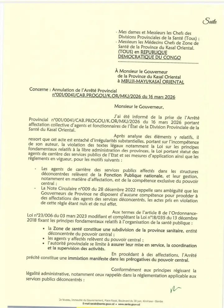 Kasaï Oriental : Le ministre Roger Kamba annule l&rsquo;arrêté du gouverneur sur l’affectation des agents de santé
