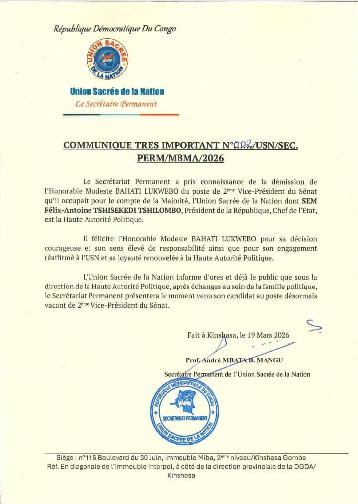 RDC : l’Union Sacrée de la Nation salue la démission de Modeste Bahati Lukwebo du bureau du Sénat