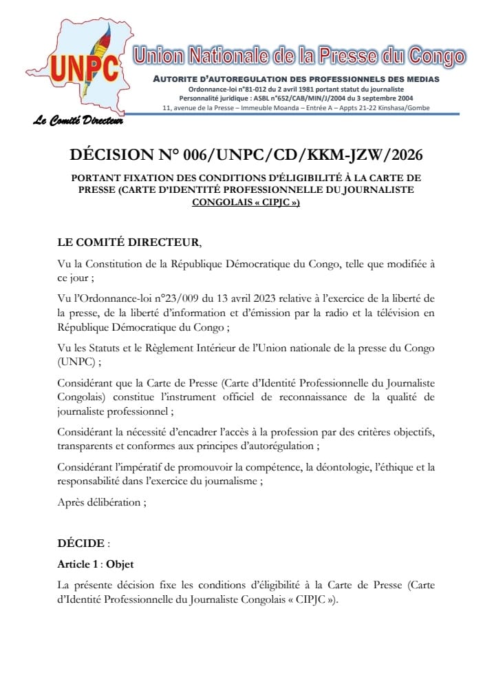 RDC : l’UNPC durcit les règles pour obtenir la carte de journaliste
