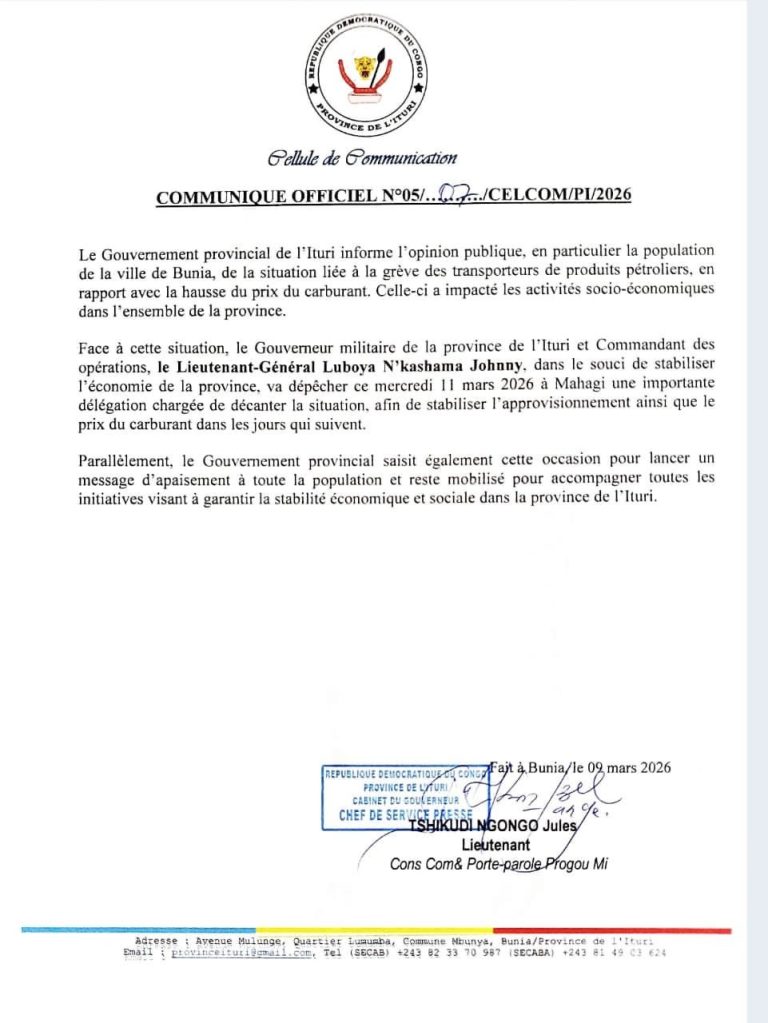 Ituri : Le Gouverneur Luboya dépêche une mission à Mahagi pour stopper la crise du carburant