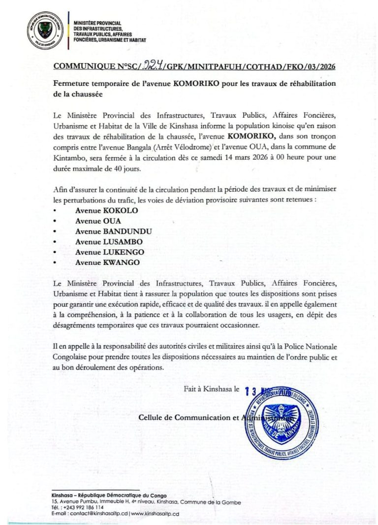 Kinshasa : L’avenue Komoriko à Kintambo fermée pendant 40 jours pour réhabilitation