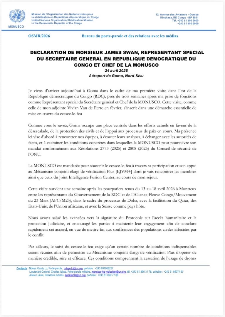 RDC : à Goma, le chef de la Monisco James Swan insiste sur l’application stricte du cessez-le-feu