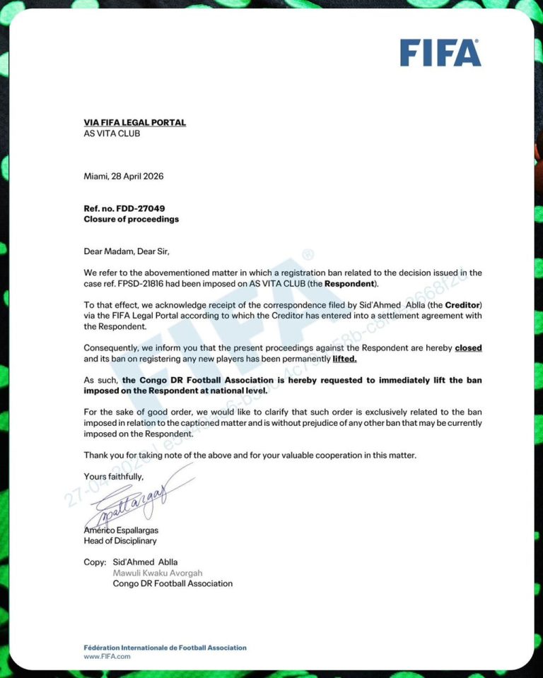 L’AS Vita Club autorisé à recruter de nouveau après la levée de sanction par la FIFA