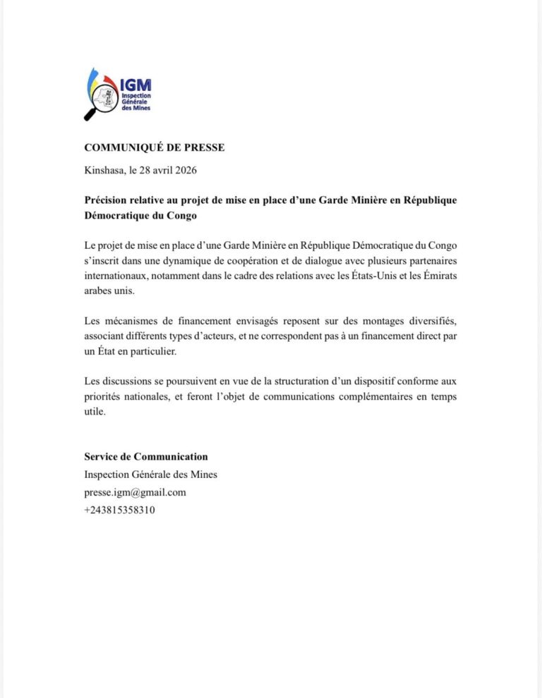 RDC : l’IGM corrige ses propos sur le financement de la Garde minière