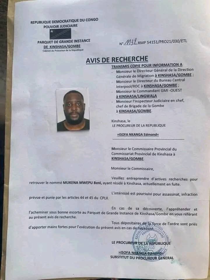 Kinshasa : Meurtre de l&rsquo;homme d&rsquo;affaires Vally Amisi, la justice lance un avis de recherche contre Mukena Mwepu Beni