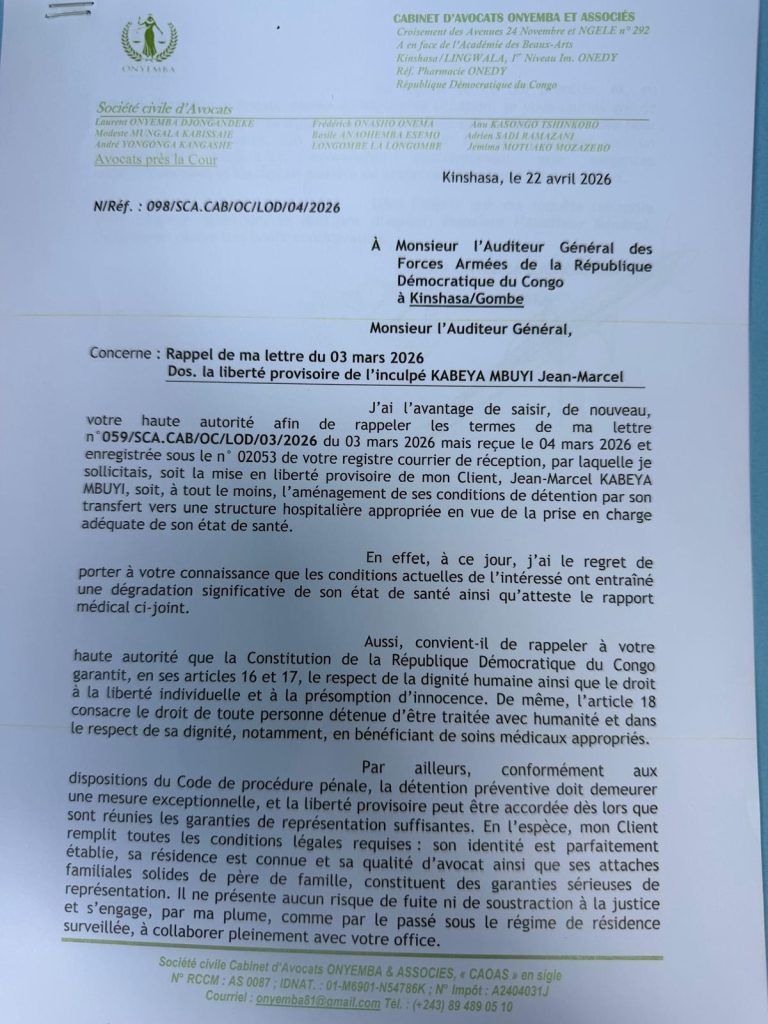 RDC : Me Laurent Onyemba sollicite la liberté provisoire de Jean-Marcel Kabeya Mbuyi pour raisons de santé