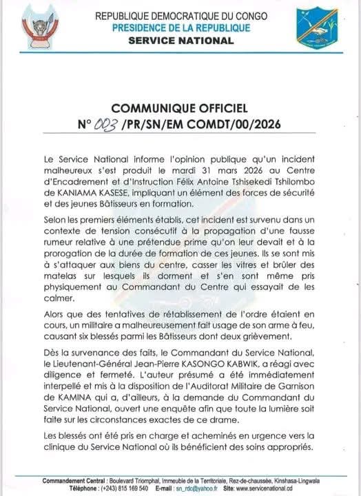 Kaniama Kasese : Un incident au centre de formation du Service national fait six blessés