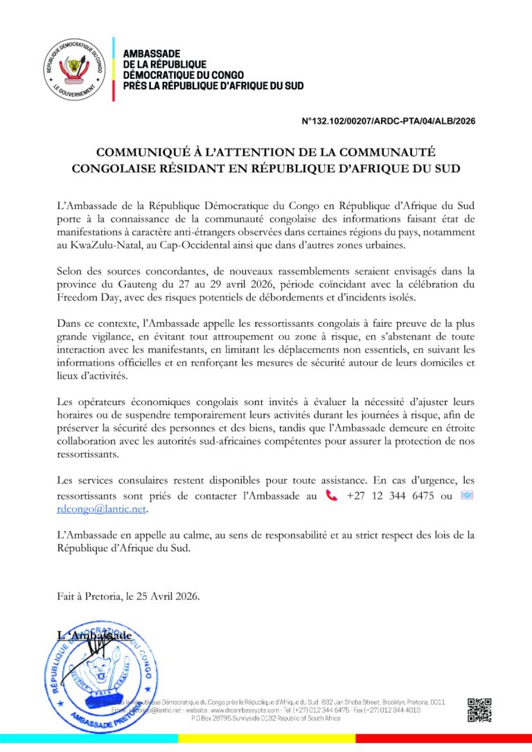 Afrique du Sud : face aux manifestations anti-étrangers, l’ambassade de la RDC appelle à la vigilance