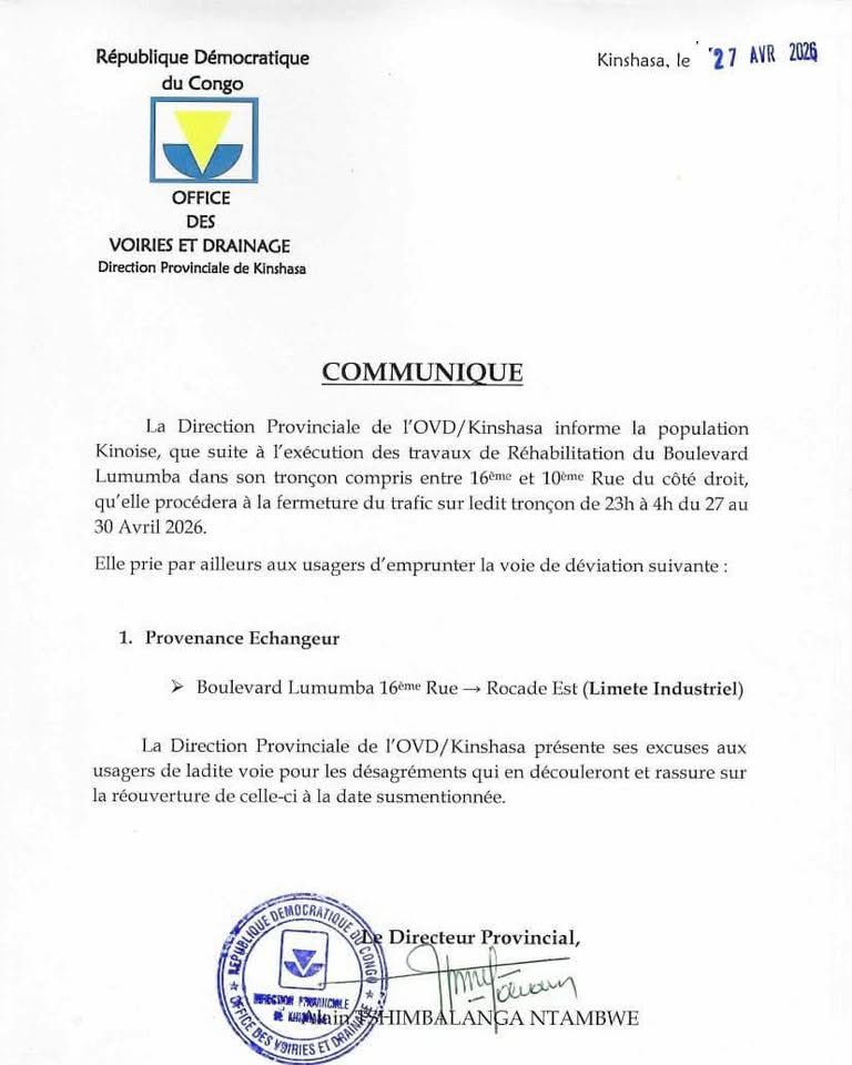 Boulevard Lumumba : Trafic interrompu la nuit entre la 10ᵉ et la 16ᵉ rue