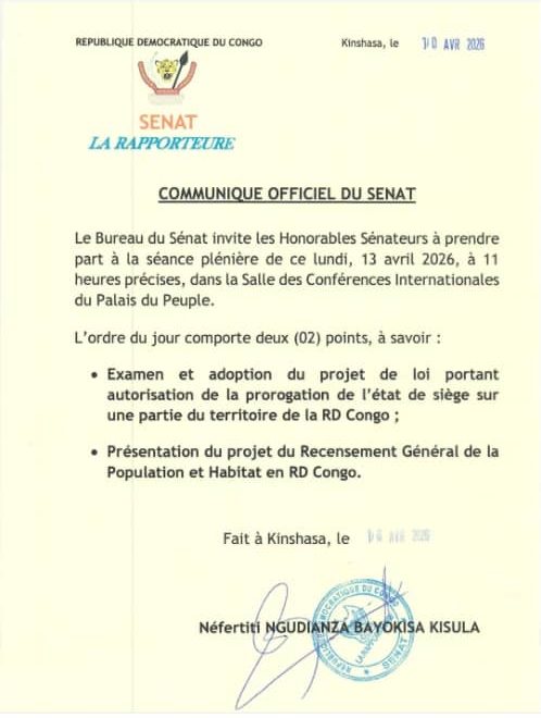 RDC : Prorogation de l’état de siège et recensement à l’ordre du jour ce 13 avril au Sénat