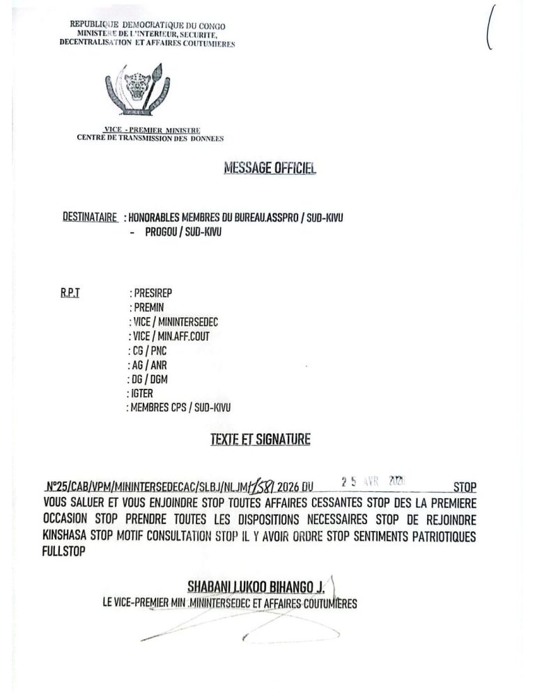 Sud-Kivu : Le bureau de l&rsquo;Assemblée provinciale convoqué à Kinshasa suite à la motion contre le gouverneur