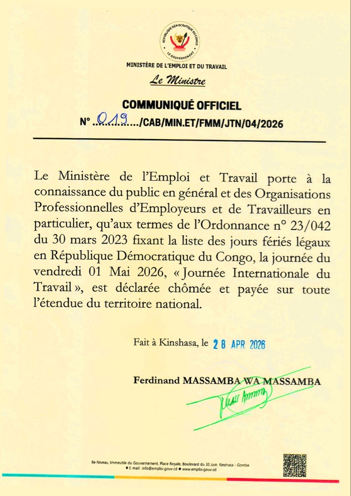 Journée du travail : Le ministère de l’emploi et travail confirme le 1er mai chômé et payé