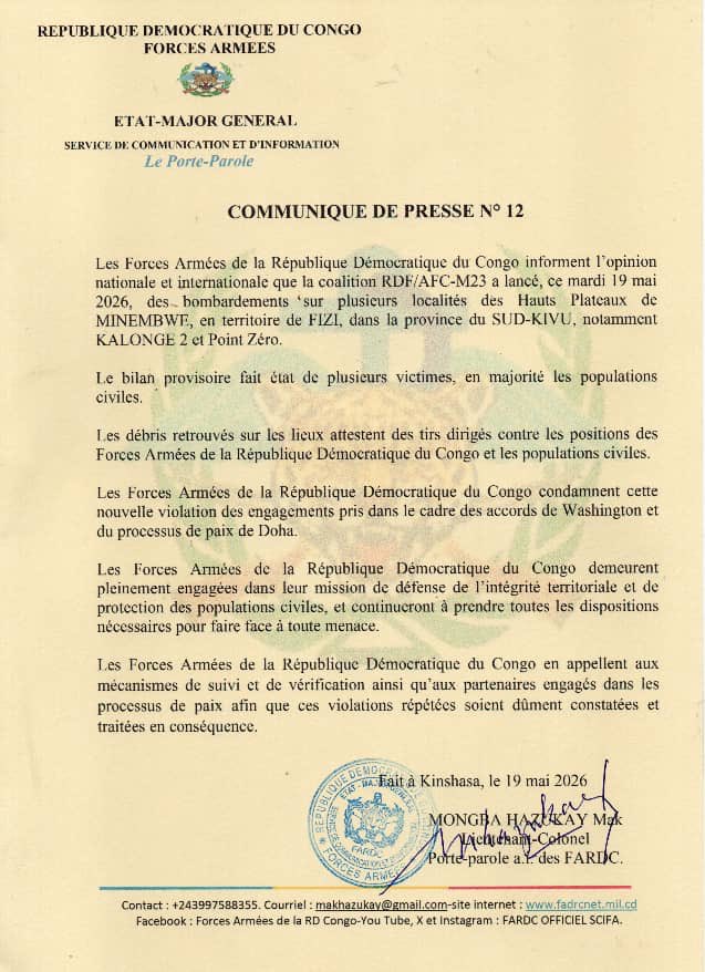 Sud-Kivu : Les FARDC accusent la coalition RDF/AFC-M23 de bombardements meurtriers à Minembwe