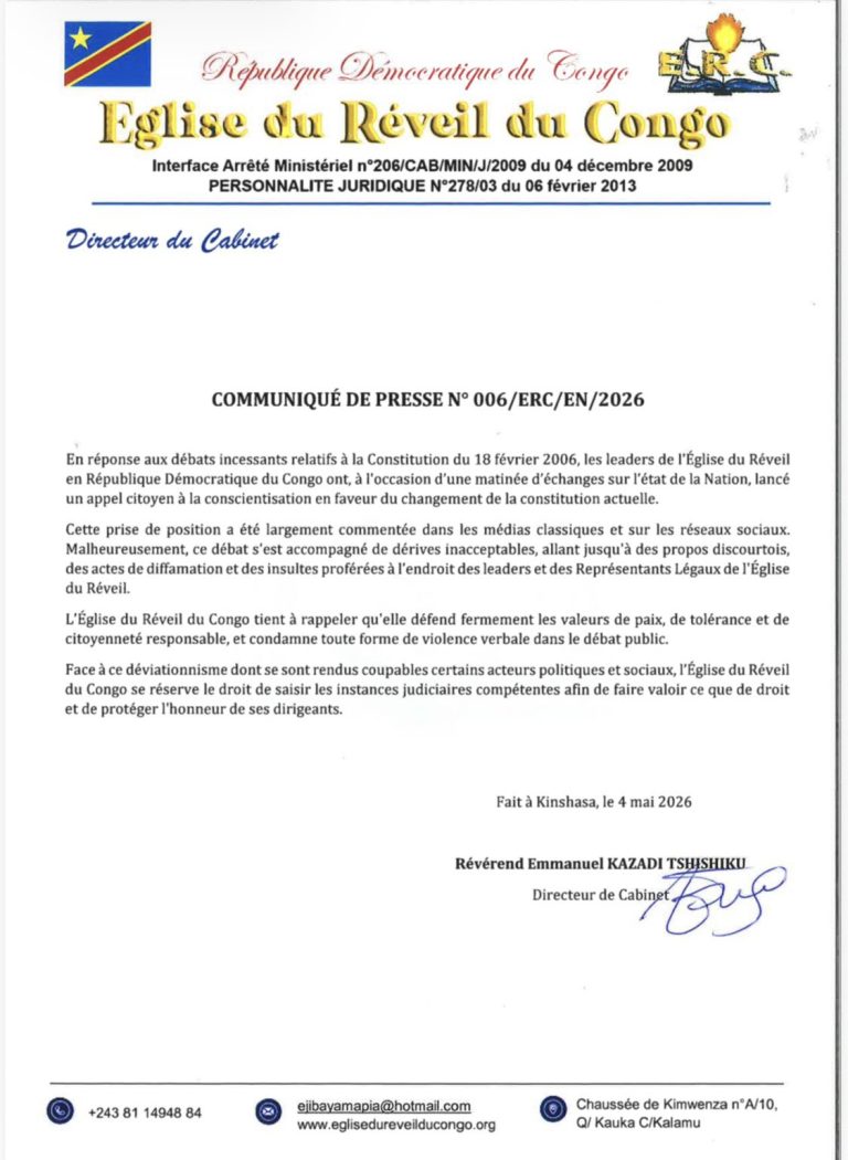 RDC : l’Église du Réveil appelle à la révision constitutionnelle et dénonce les dérives dans le débat public