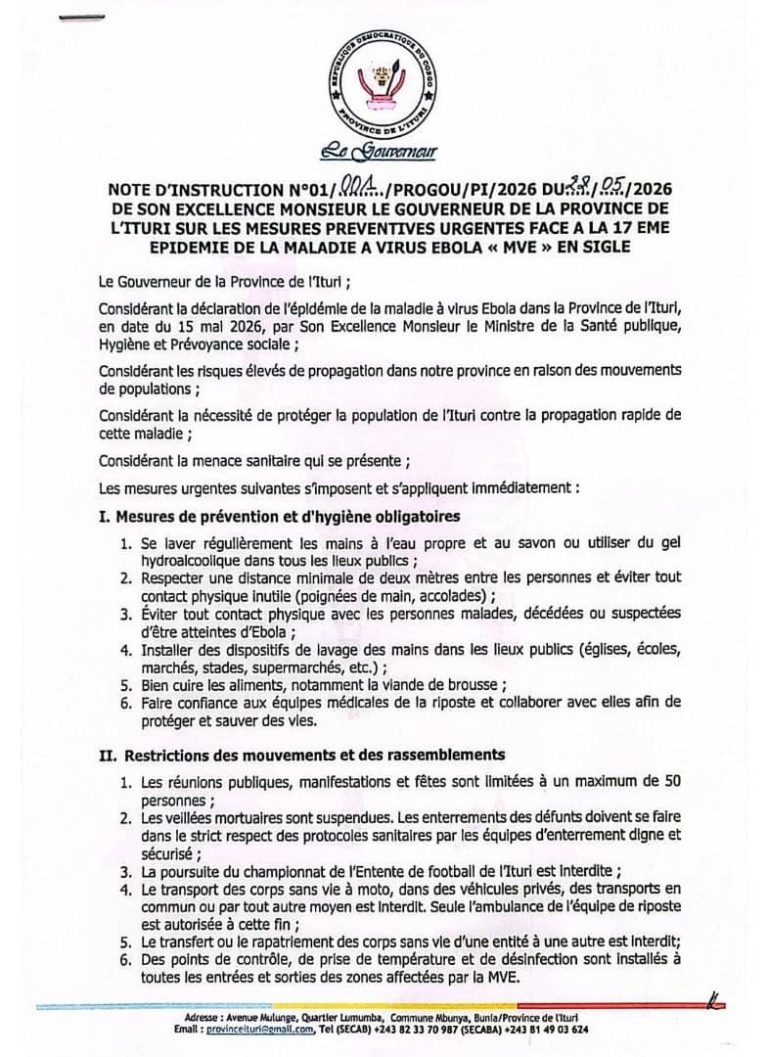 Ebola en Ituri : le gouverneur Luboya N’Kashama durcit les mesures pour freiner la propagation du virus