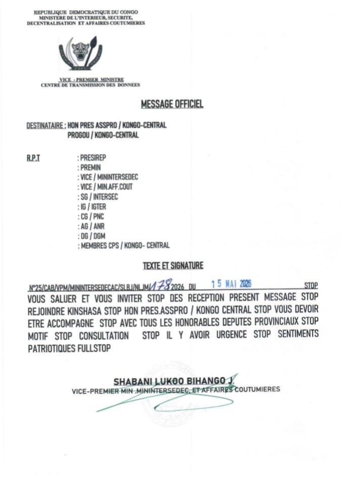 RDC : Le ministre de l&rsquo;intérieur convoque en “urgence” les députés provinciaux du Kongo-Central à Kinshasa