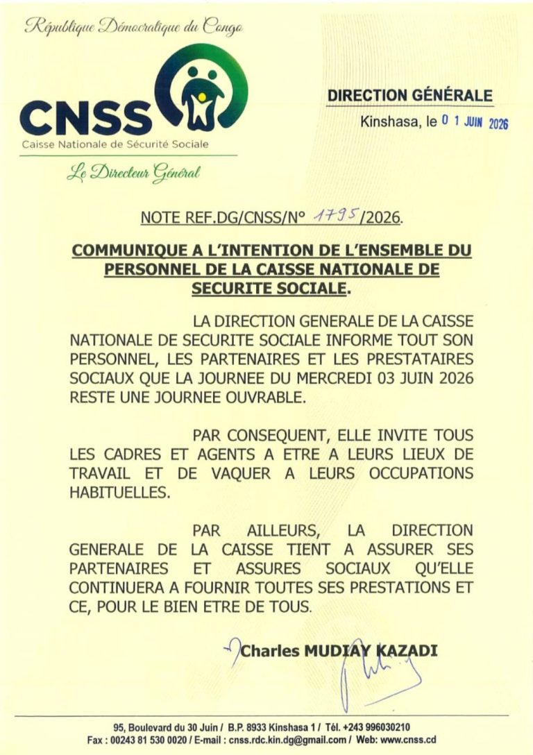 RDC: Le DG Charles Mudiay invite les agents de la CNSS au travail ce mercredi 3 juin 