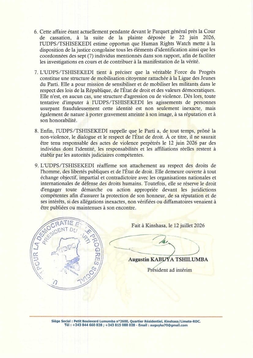 L’UDPS/Tshisekedi dément avoir mandaté des membres de la Force du Progrès lors du sit-in de l’opposition du 12 juin