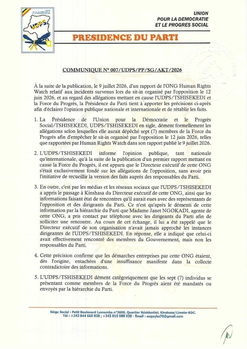 L’UDPS/Tshisekedi dément avoir mandaté des membres de la Force du Progrès lors du sit-in de l’opposition du 12 juin